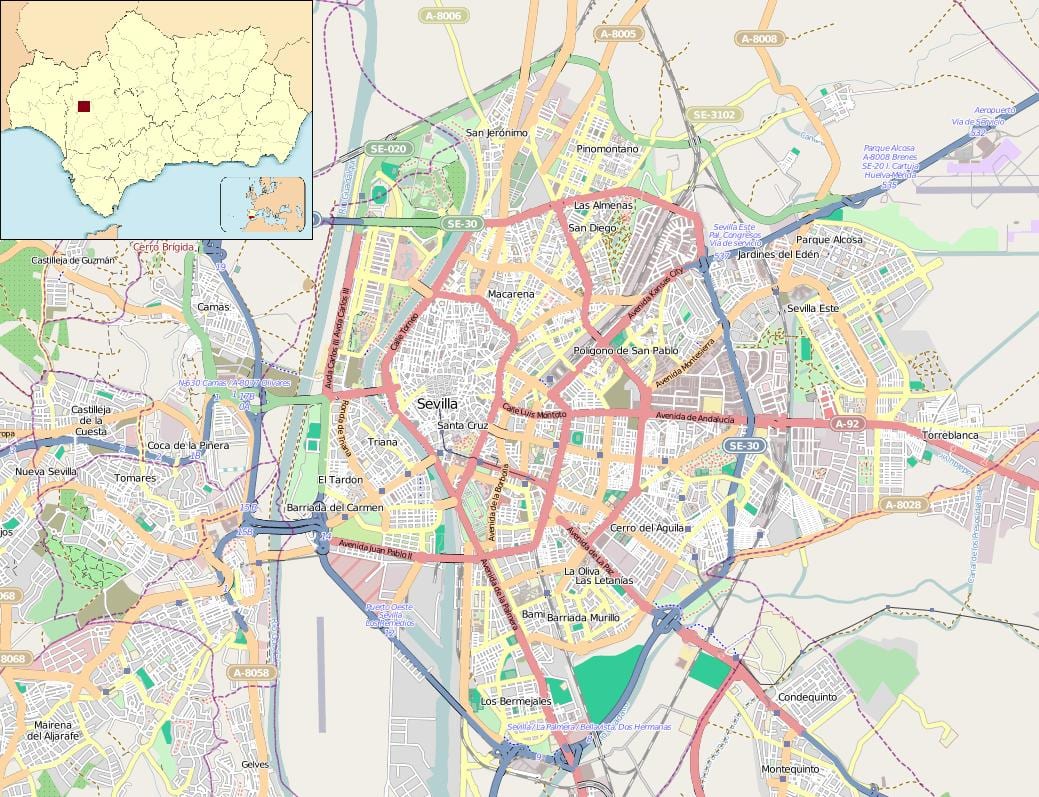 karta iz Sevilje u španiji naseljima